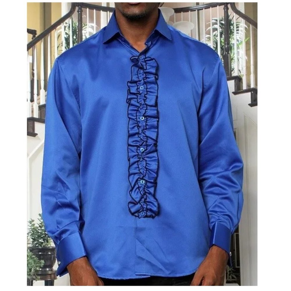 Insomnia by Manzini Blue/Black 100% Satin Ruffled Tuxedo French Cuff Dress Shirt